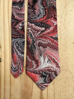 VINTAGE MOTH Hand-Marbled Silk Tie Red Black Swirl Peacock Feather